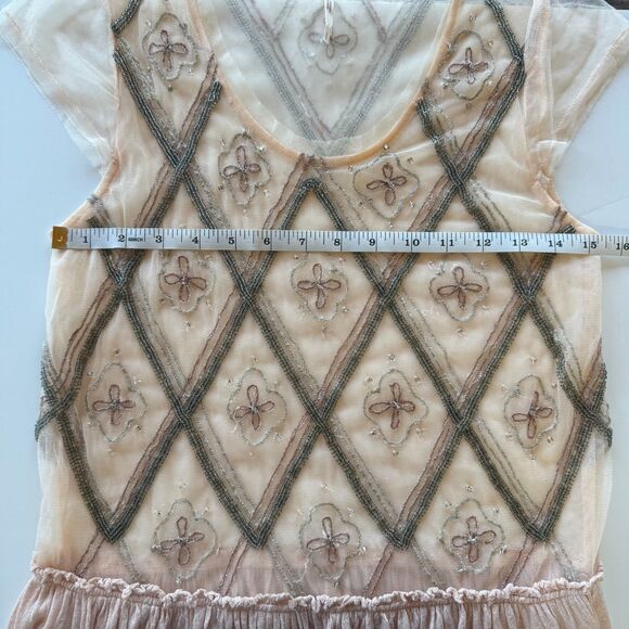 Free People Holiday to India Cap Sleeve Beaded Peplum Semi Sheer Top in Pink S - Picture 13 of 14